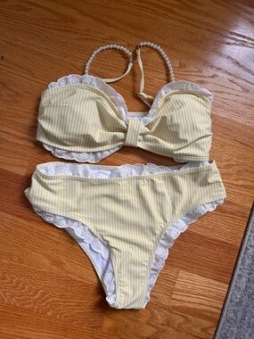 Yellow Striped Bikini Set with Eyelet Trim and pearl strapes